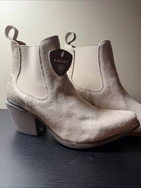 Ariat Women's Light Beige Suede Chelsea Booties with Embroidered Heel